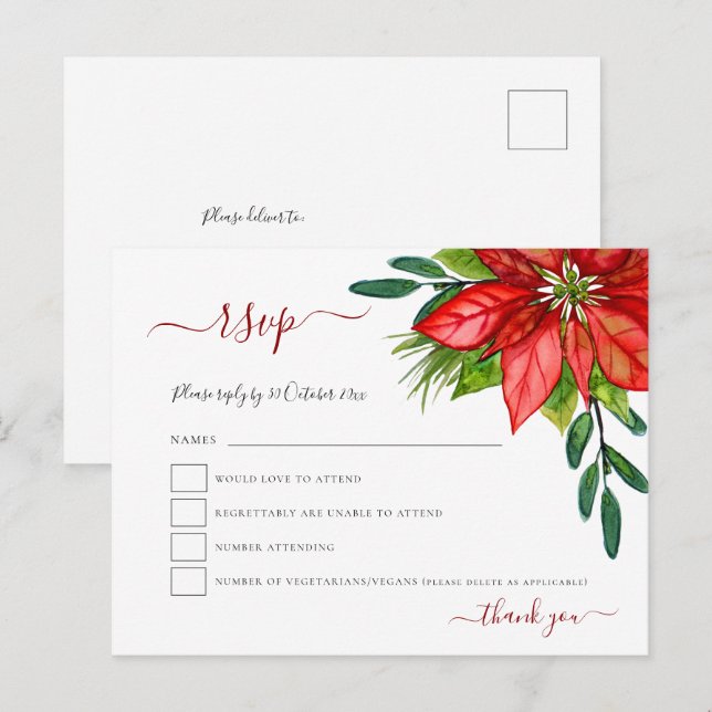 Cartão Postal De Convite Red Poinsettia Foliage Casamento de Natal RSVP (Frente/Verso)