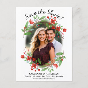 Cartão Postal De Convite Red Watercolor Floral Wedding Save the Date Photo