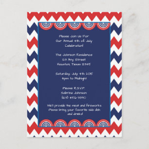 Cartão Postal De Convite Red White Blue Chevron 4 de julho Festa Convidada