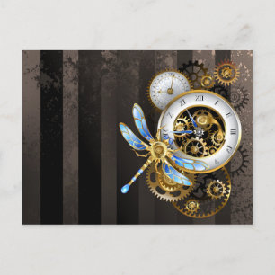 Cartão Postal De Convite Relógio Steampunk com Libélula Mecânica