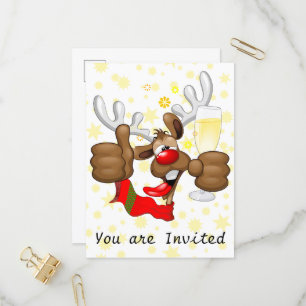 Cartão Postal De Convite Rena Bêbada Personagem Engraçado de Natal