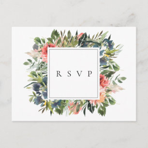 Cartão Postal De Convite Resposta de Casamento Floral Coral Marinho com Ped