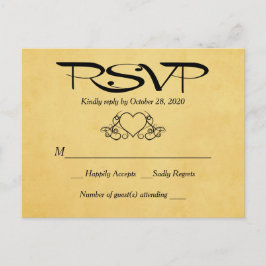 Cartão Postal De Convite Resposta de Casamento RSVP Dourada e Preta do Cora