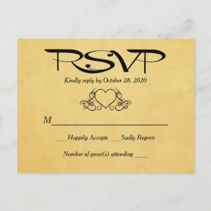 Cartão Postal De Convite Resposta de Casamento RSVP Dourada e Preta do Cora