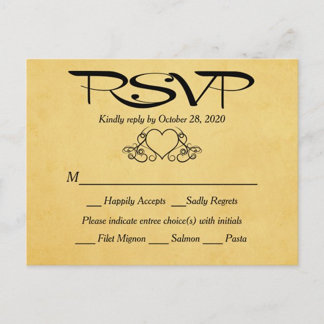 Cartão Postal De Convite Resposta de Casamento RSVP Dourada e Preta do Cora (Frente)