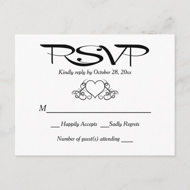 Cartão Postal De Convite Resposta de Festa de casamento Cardíaca RSVP Preta (Frente)