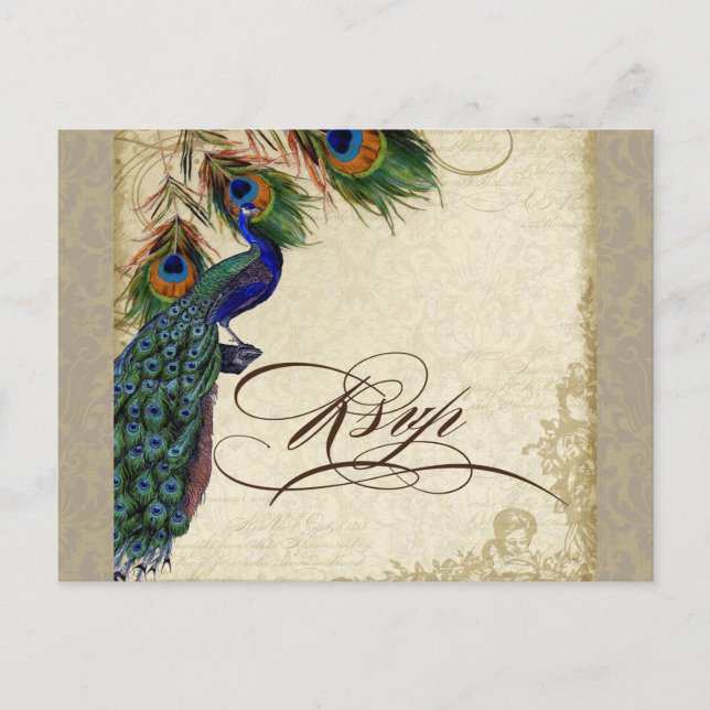 Cartão Postal De Convite Resposta de RSVP de Casamento Formal de Peacock &  (Frente)