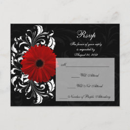 Cartão Postal De Convite Resposta de RSVP de Gerbera Daisy Red+Black+White