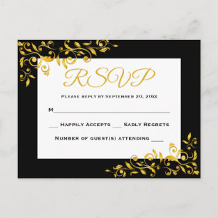 Cartão Postal De Convite Resposta de RSVP Dourada e Preta de Swirl Floral -