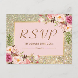 Cartão Postal De Convite Resposta de RSVP Floral Clássica Dourada Glitter R