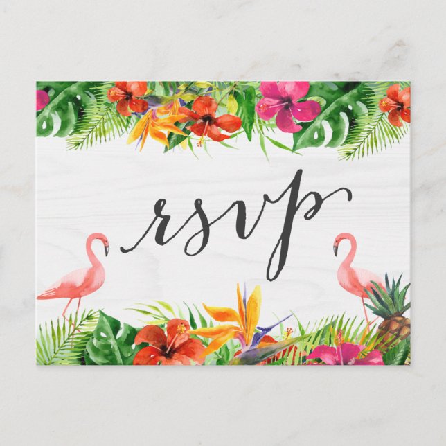 Cartão Postal De Convite Resposta Floral Flamingo RSVP de Hibiscus Tropical (Frente)