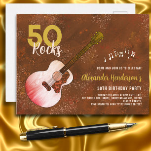 Cartão Postal De Convite Rock and Roll 50th Birthday Guitar Rustic