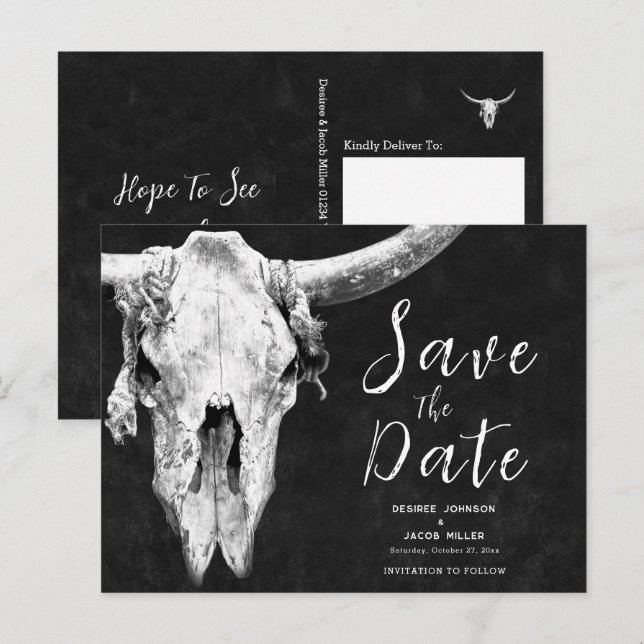 Cartão Postal De Convite Rodeo Black E White Bull Skull Exceto Data (Frente/Verso)