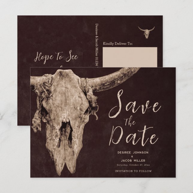 Cartão Postal De Convite Rodeo Brown Bull Skull Salvar Data (Frente/Verso)