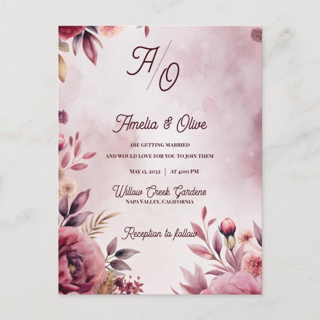 Cartão Postal De Convite Romantic Blush Ethereal Mauve Wedding Invitation (Frente)