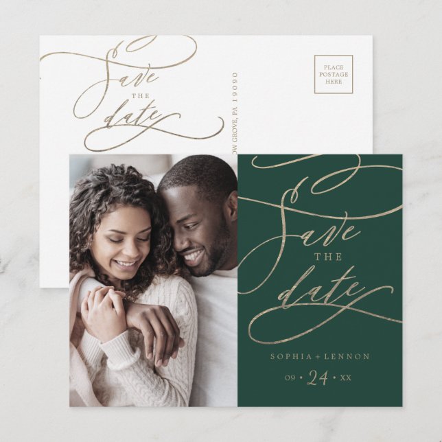 Cartão Postal De Convite Romântica Foto da Caligrafia Verde Salva a Data (Frente/Verso)