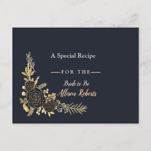 Cartão Postal De Convite Romântico dourado Floral Azul Naval Chuveiro Nupc