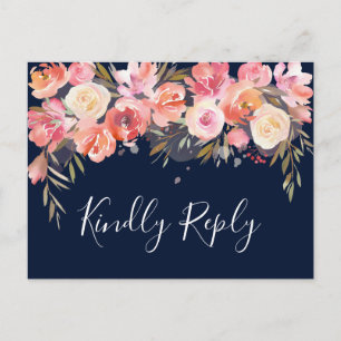 Cartão Postal De Convite Romântico Tomara Casamento Floral RSVP   Azul Mari