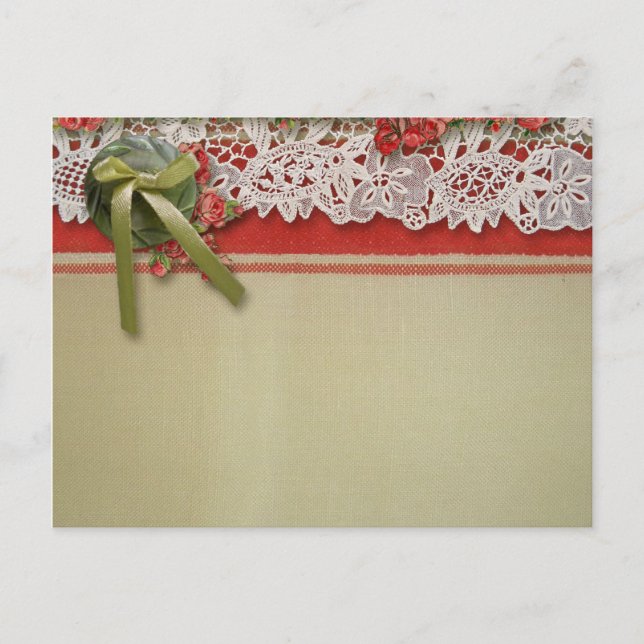 Cartão Postal De Convite Rosa Antiga Renda Rustico Vermelho Burlap Vitorian (Frente)