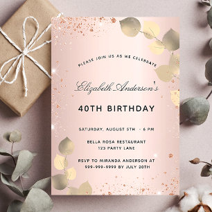 Cartão Postal De Convite Rosa de aniversário ouro de eucalipto