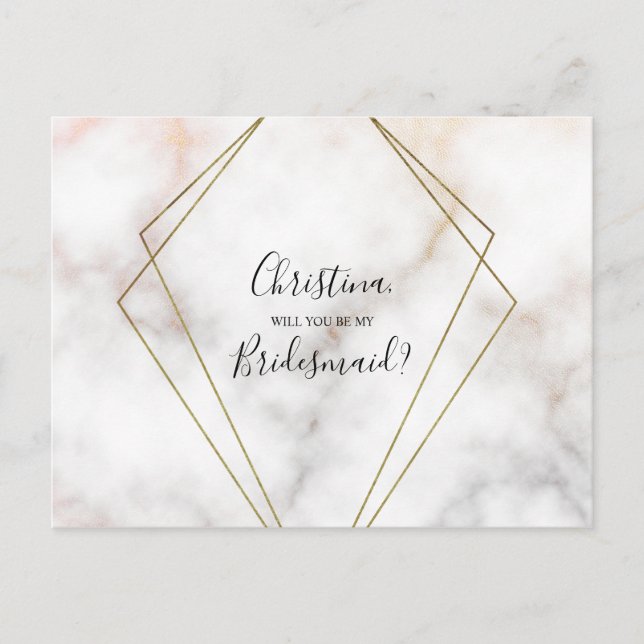 Cartão Postal De Convite Rosa de Marble Proposta Personalizada da Bridesmai (Frente)