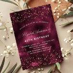 Cartão Postal De Convite Rosa de ouro de burgata de aniversário elegante<br><div class="desc">Para uma elegante festa de aniversário 40th (ou qualquer idade). Um fundo agitado. Decorado com rosa dourado,  brilho. Personalize e adicione um nome e detalhes da parte. O nome é escrito com um script de estilo manuscrito</div>