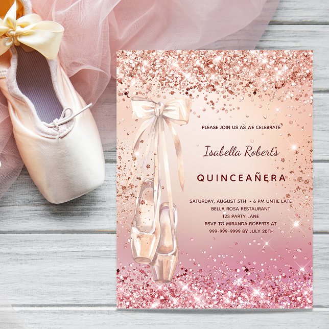 Cartão Postal De Convite Rosa de Quinceanera dourado, esferina (Criador carregado)