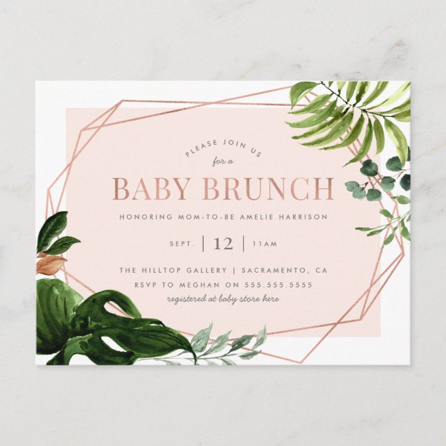 Cartão Postal De Convite Rosa Dourado Geométrico Greenery Baby Brunch (Frente)