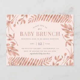 Cartão Postal De Convite Rosa Dourado Verde Tropical Baby Brunch