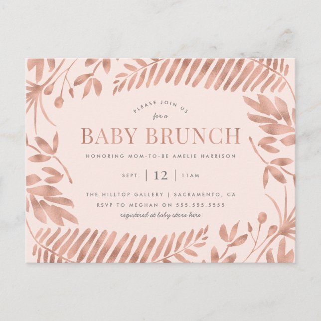 Cartão Postal De Convite Rosa Dourado Verde Tropical Baby Brunch (Frente)