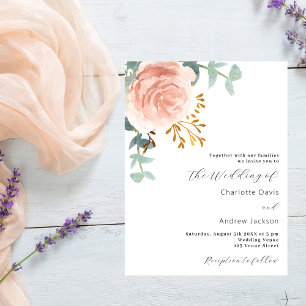 Cartão Postal De Convite Rosa floral eucalipto verde casamento