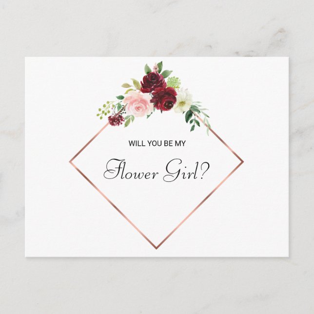 Cartão Postal De Convite Rosa Geométrico Dourado Floral Menina das Flores P (Frente)