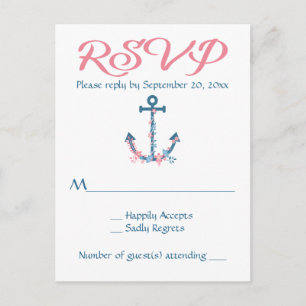 Cartão Postal De Convite Rosa Náutico & Azul RSVP Âncora de Navio Casamento