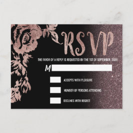 Cartão Postal De Convite Rosa Negra Dourado Brilho Floral RSVP