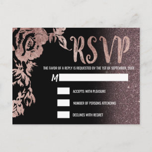 Cartão Postal De Convite Rosa Negra Dourado Brilho Floral RSVP