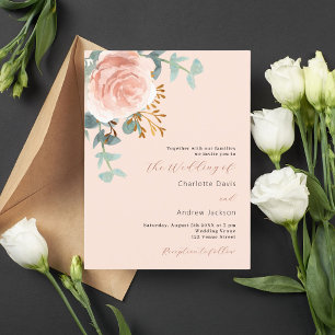 Cartão Postal De Convite Rosa ouro floral verde pêssego casamento