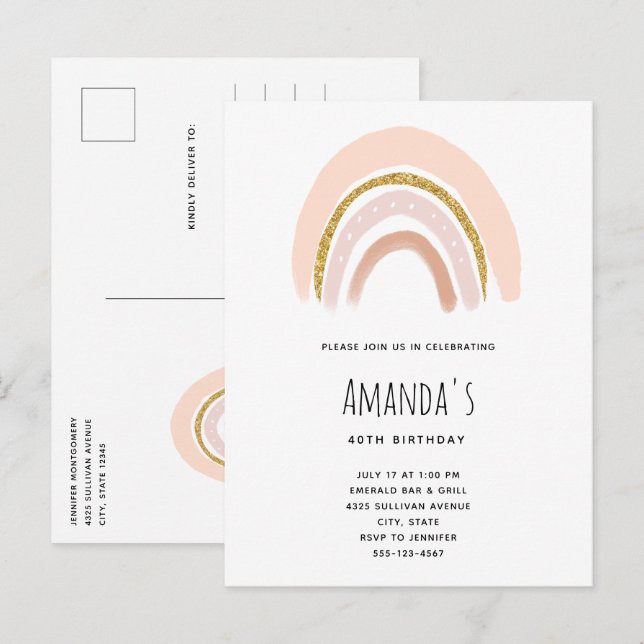 Cartão Postal De Convite Rosa Pastel e Arco-íris Boho de Aniversário com Br (Frente/Verso)
