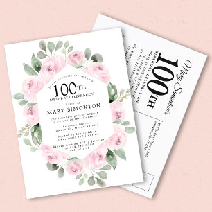 Cartão Postal De Convite Rosa rosa rosa Floral Eucalyptus 100º Aniversário