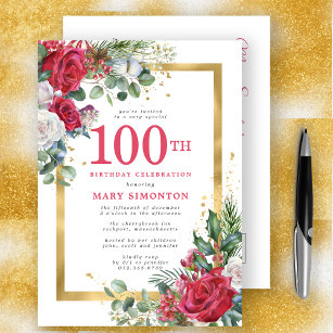 Cartão Postal De Convite Rosa vermelha Dourada Holly 100º Aniversário