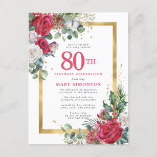 Cartão Postal De Convite Rosa vermelha Dourada Holly 80 Aniversário