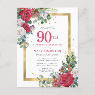 Cartão Postal De Convite Rosa vermelha Dourada Holly 90 Aniversário