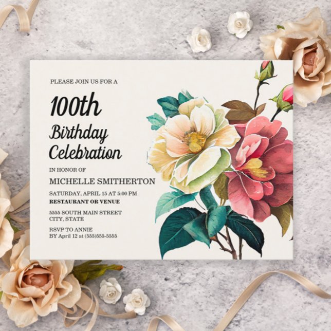 Cartão Postal De Convite Rosas brancas vermelhas 100º aniversário (Criador carregado)