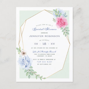 Cartão Postal De Convite Rosas de Aquarela Azul e Rosa Chá de panela Floral