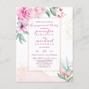 Cartão Postal De Convite Rosas Quadrados Aquarelle Festa de noivado Floral