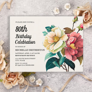 Cartão Postal De Convite Rosas Vermelhas Brancas 80º Aniversário