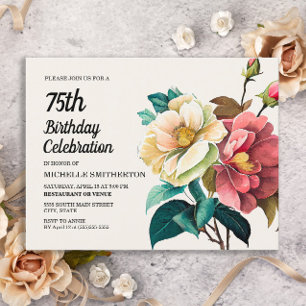 Cartão Postal De Convite Rosas Vermelhas Brancas Aniversário de 75 anos Fem