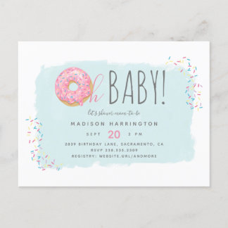Cartão Postal De Convite Rosquinha Rosa Suave Sprinkle Modern Oh Chá de fra