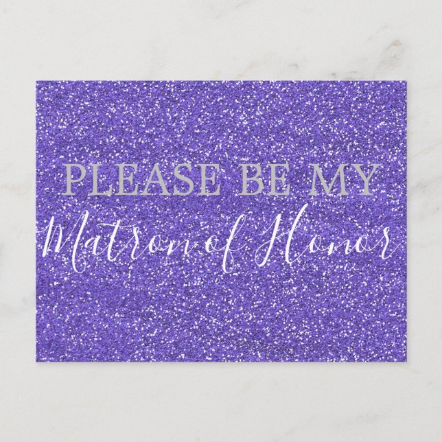Cartão Postal De Convite Roxo Faux Glitter Matron da Honra Proposta (Frente)