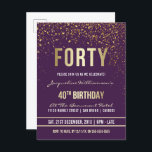 Cartão Postal De Convite Roxo | Partido Confetti aniversário de 40 anos<br><div class="desc">Roxo | Convites a Cartão-Postal do aniversário de 40 anos Confetti Dourado. Este convite de aniversário formal, elegante, moderno, de quadragésimo é adequado para homens ou mulheres. Inclui linhas limpas de ouro, guião gótica de na moda superior e texto sofisticado de folha de ouro falso em um fundo roxo real...</div>