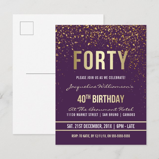 Cartão Postal De Convite Roxo | Partido Confetti aniversário de 40 anos (Frente/Verso)